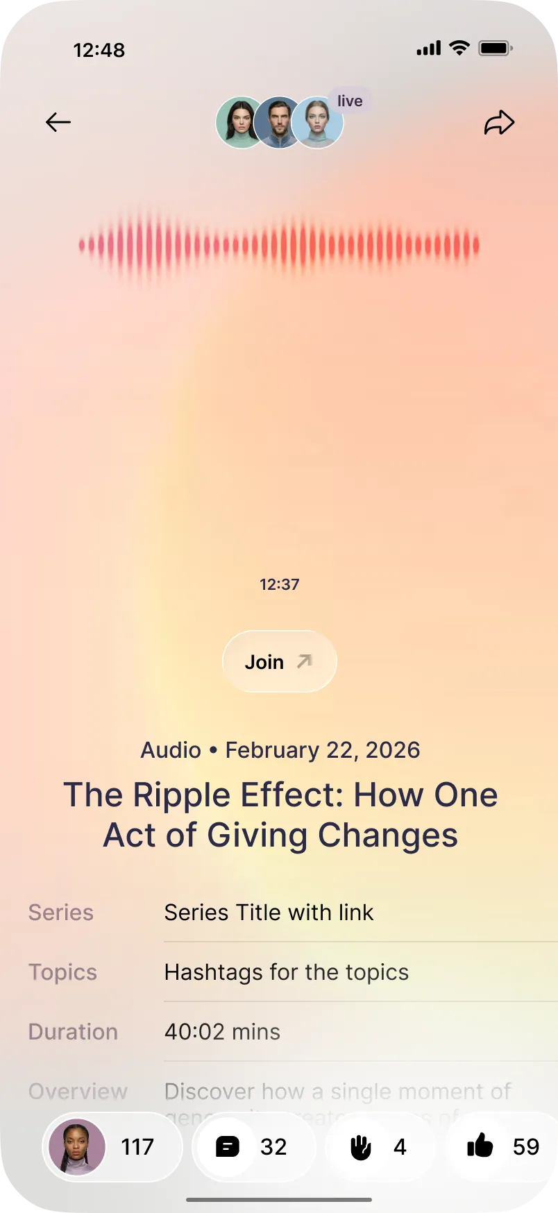 RISE app live session with a join button and people attending
